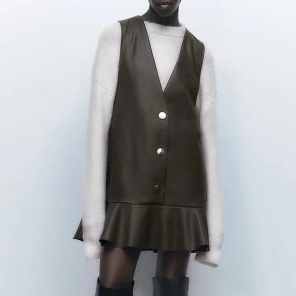 Zara Dresses & Skirts - Zara Faux Leather Drop Waist Pleated Dress in Dark Olive Green - XS